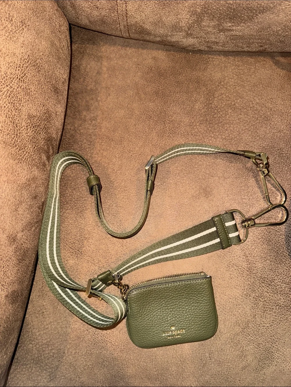 kate spade olive green pebbled leather shoulder bag with striped web strap